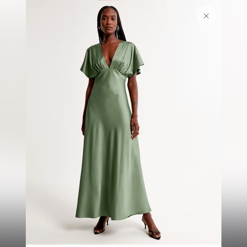 Abercrombie Women's Flutter Sleeve Satin Maxi Dress Green Medium Petite
